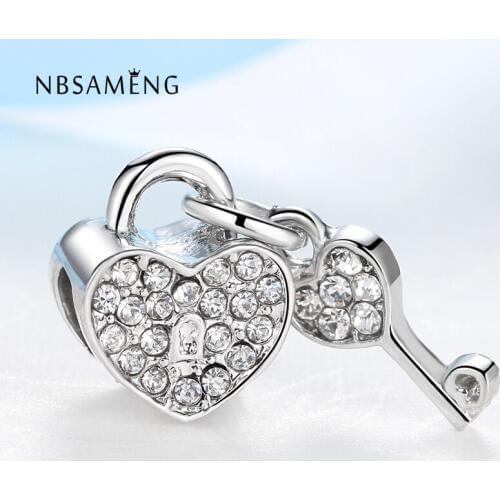 New Silver Plated Bead Charm Love Heart Lock & Key With Full Crystal Beads Fit Women Diy Bracelet Bangle Jewelry YW15632