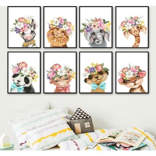 Flower Elephant Giraffe Lion Zebra Panda Nursery Wall Art Print Canvas Painting Nordic Poster Wall Pictures Baby Girl Room Decor