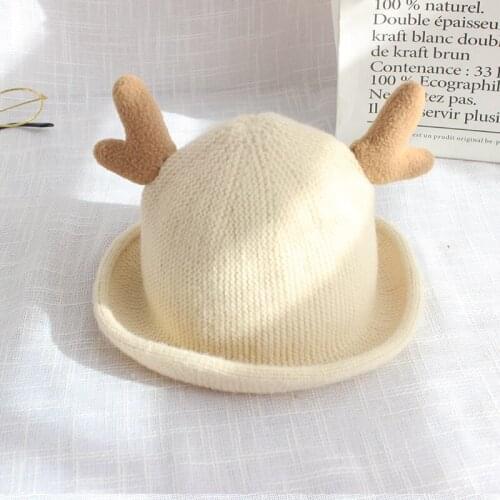 Fashion Fall Winter Antlers Cartoon Fedora Hat For Boys Girls Kids Cute Knitted Autumn Bowler Derby Floppy Cap 1-3 Years Old