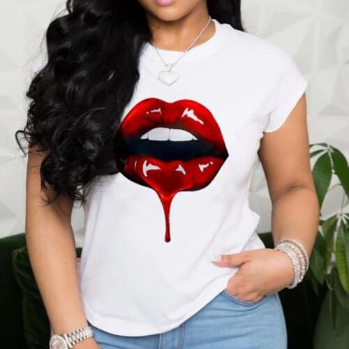 Personality Lipstick Lips Printing Fashion Sexy T-Shirt Women Summer Short-Sleeved Round Neck Bottoming Shirts Loose Tee Top