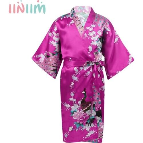 Iiniim Kids Girls Peacock Flower Printed Satin Kimono Robe Bathrobe Nightgown Sleepwear for Spa Party Wedding Birthday Robes