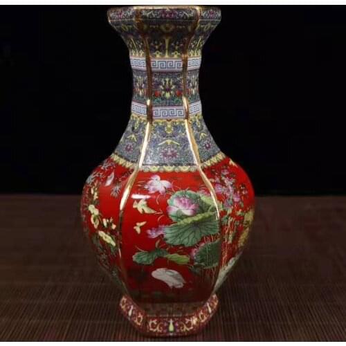 Exquisite Chinese Archaize Colored Enamel Decorative Auspicious Flowers and Birds Six Sides Porcelain Vase