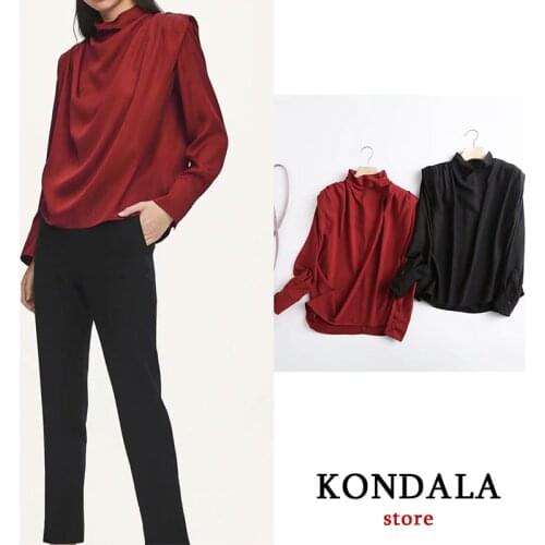 KONDALA women shirt fashion za 2021 high quality Draped satin casual solid color high collar shirt elegant tops