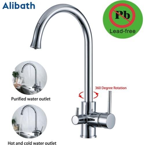 Kitchen Faucet with Filtered Water Double Spout Water Purification Solid Brass Kitchen Tap Sink Mixer Crane