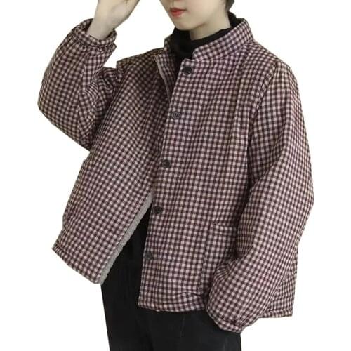 Large Size Plaid New Womens Jacket Thickened Winter Cotton Linen Female Jacket Padded Short Stand Collar Loose Cotton Clothing