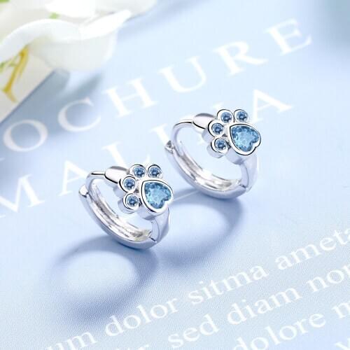 Cute Cat Claw Foot Blue Cubic Zirconia For Women 925 Sterling Silver Small Trendy Bling Glitter Fashion Jewelry