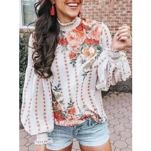 Fashion Lantern Sleeve Woman Blouse Printed Woman Shirt Sweet Blouse Spring Autumn Woman Blouse