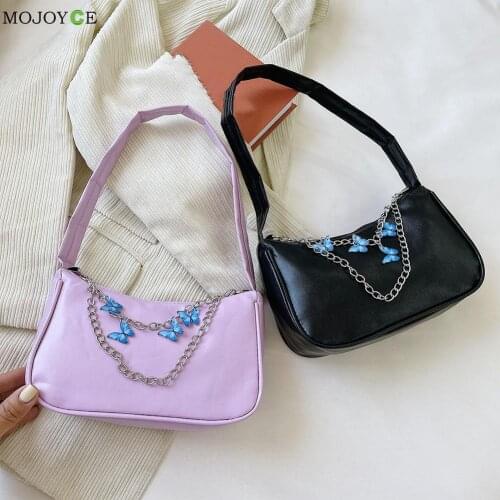 Fashion Women PU Leather Small Shoulder Underarm Bag Ladies Vintage Butterfly Chain Pure Color Zipper Mini Hobos Purse Handbag