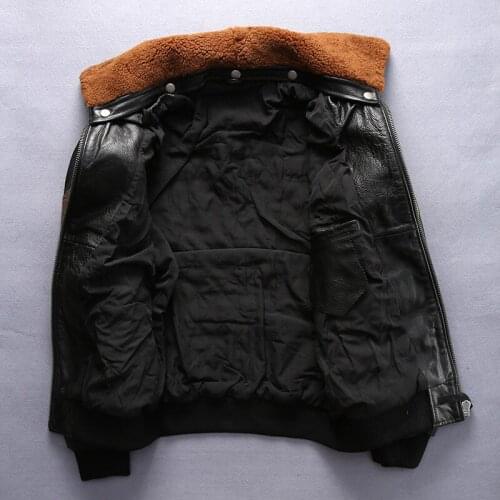 Mens air force flight wool collar pilot thick cowskin winter jacket men cotton liner leather coat