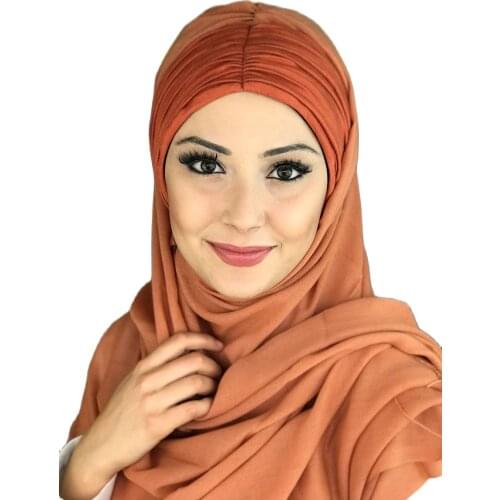 New Fashion 2021 Hijab Islamic Clothing Turban Women Hat Spring Summer Scarf Page Pattern Copper Color Shirred Ready Shawl