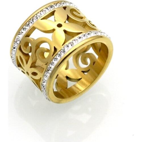 New Crystal Rings For Women White Rhinestone Stainless Steel Gold Color Wedding Female Flower Rings Jewelry AAA Quality