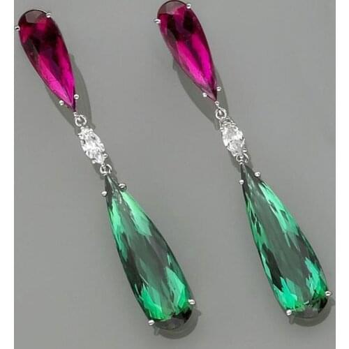 New Luxury Purple Green Teardrop Zircon Earrings Fashion Wedding Jewelry Long Piecered Crystal Stone Earring For Women