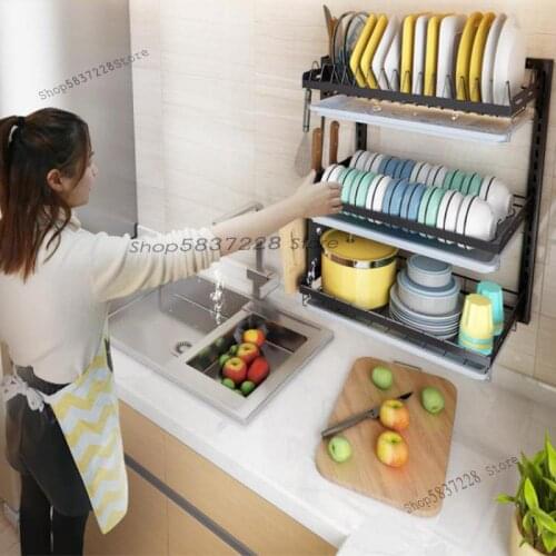Punch-free dish rack wall-mounted drying dish drain rack plate tableware storage box stainless steel kitchen rack