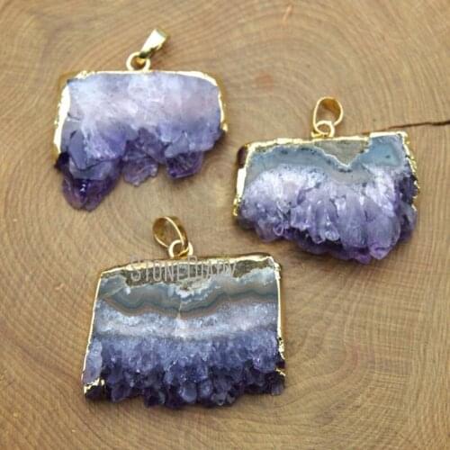 H-AMD42 Raw Druzy Amethysts Druzy Slice Pendant with 24k Gold Color ,Top Plated