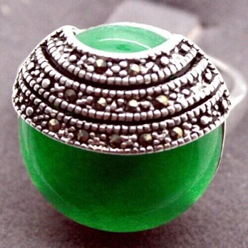 PRETTY NATURAL COIN GREEN JADE 925 STERLING SILVER MARCASITE RING SIZE 7/8/9/10 925