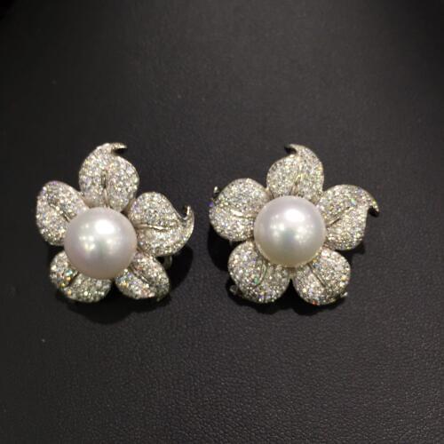 10-11MM real natural fresh water pearl clip earring 925 sterling silver with cubic zircon flower clip earring fine jewelry