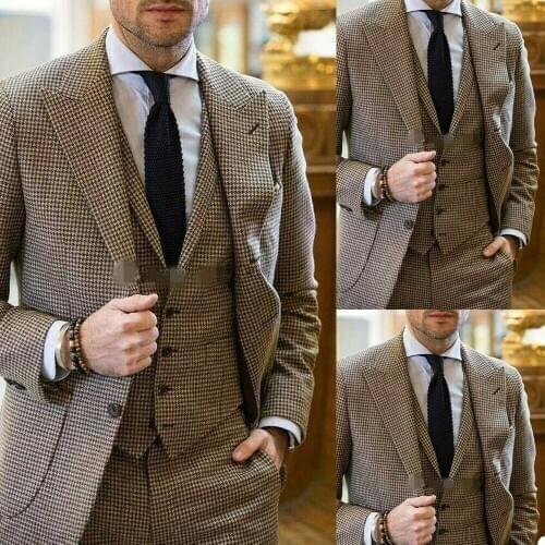Brown Check Wool Mens Suit Wedding Tuxedo Formal High Quality Groom Prom Dinner Blazer 3 Pieces Suits (Jacket+Vest+Pants)