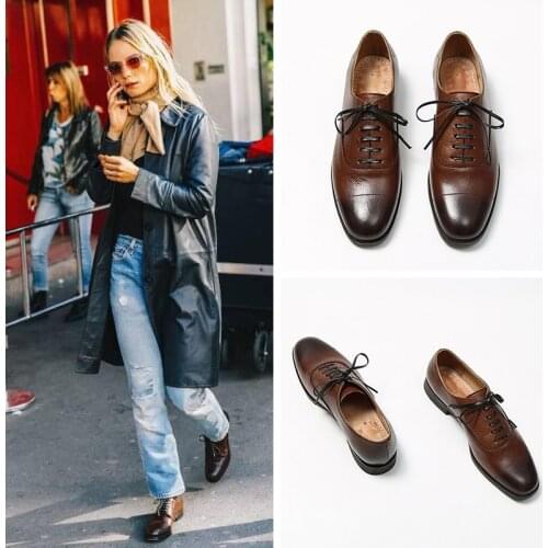 MORDOAN Genuine Cow Leather Derby Shoes Women Round Toe Flats Loafers For Women Shoes Oxford Shoes For Women Retro casual shoes