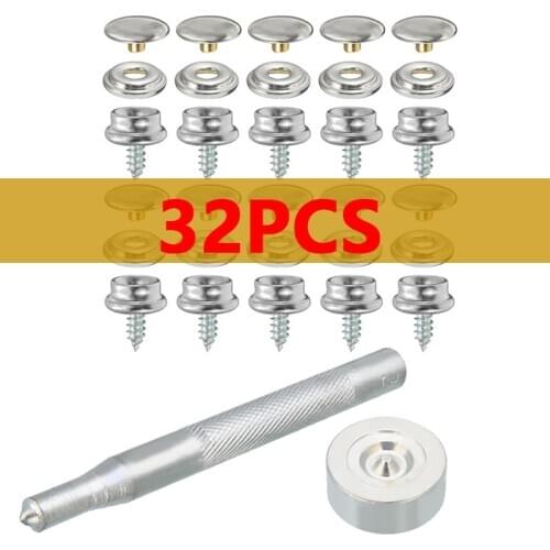 32PCS Snap Fastener Stainless Steel Canvas Cap Tent Marine Silver Tools Kit Snap Fastener Sockets Buttons Snap Fasteners