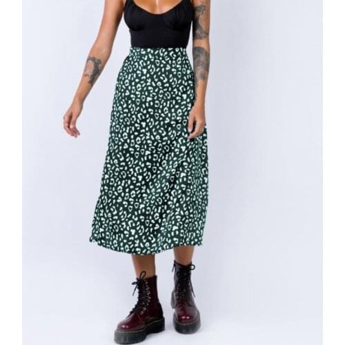 2021 Spring Summer Cross Border Womens Leopard Chiffon Printed Split Skirt Sexy Zipper High Waist Mid Length Skirt Green