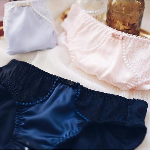 100% Real Photo M L XL Lovely Cute Lolita Kawaii Embroidery Beading Pearls Satin Panties Underwear Brief Thong Lingerie WP525