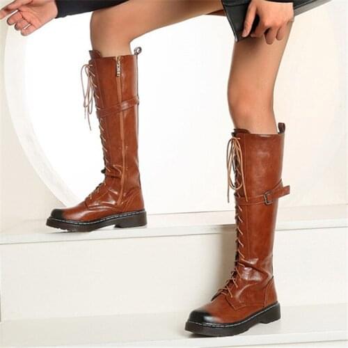 PXELENA Large Size 34-45 Women Riding Knight Boots Knee High Square Med Heels Lace Up Buckle Zip Military Motorcycle Long Boots