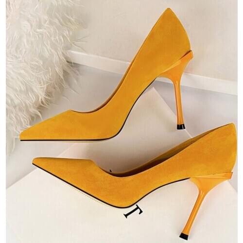 2020 Women 10cm High Heels Wedding Bridal Flock Pumps Lady Pointed Toe Green Yellow Blue Pink New Styles Heels Escarpins Shoes