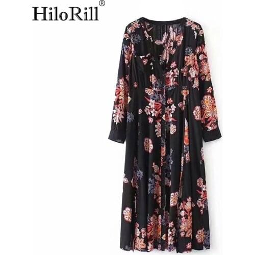 HiloRill Floral Print Beach Long Dress Boho Style Women Split Embroidery Lace Patchwork Midi Party Dresses Vestidos De Fiesta