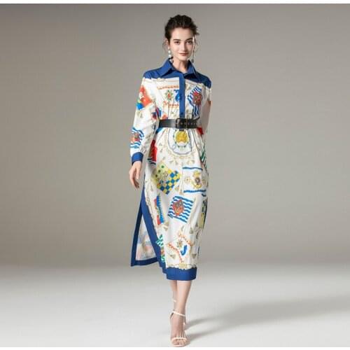 Spring 2021 New WomenS Vintage Elegant Print Stitching Long Sleeve Belt Slim Party Casual Midi Lapel Shirt Dresses