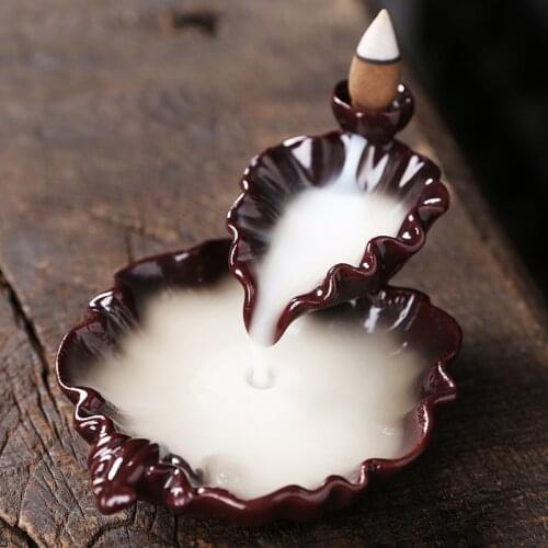 10 Incense Cones + Small Lotus Backflow Incense Burner Ceramic Buddha Stick Waterfall Incense Holder Aroma Censer Home Decors