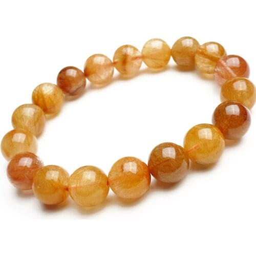 11mm Genuine Brazil Natural Copper Hair Rutilated Quartz Crystal Round Bead Bracelet Charm Stretch Bracelet Femme