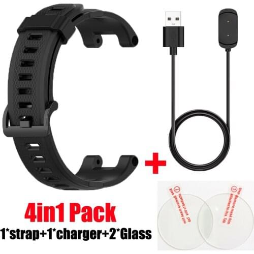 4in1 Pack For Huami Amazfit T Rex Strap Silicone Band Bracelet Wristband For Amazfit T-REX charger cable+glass screen protector