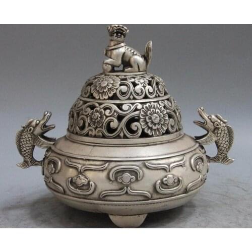 6 Tibet White Copper Silver Foo Dog Lion Kilin Dragon Fish incense burner censer