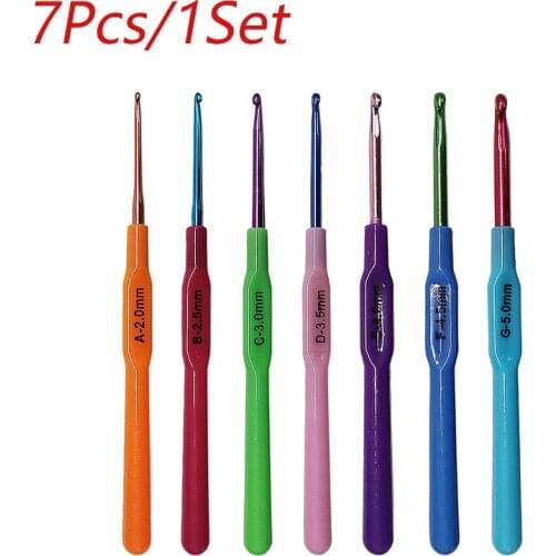 7pcs/set Single-head Crochet Plastic Handle Knitting Hook Set 2-5mm Multi Color Needles for Knitting Needles Weave Sewing Tools