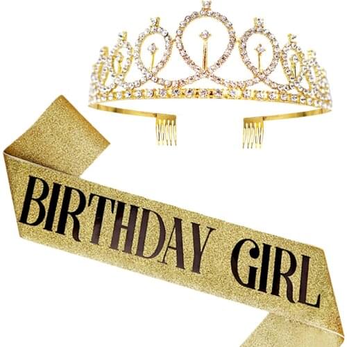 Birthday Queen Satin Sash Ribbons Girls Birthday Rhinestone Crystal Crown Tiara For Adult 21th 30th Birthday Anniversary Decor