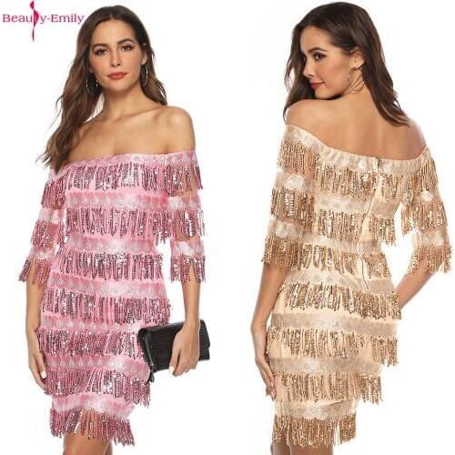 Beauty-Emily Boat Neck Lace Evening Dress Tassel Appliques Half Sleeves Women Short Dress Sexy Party Gowns Crystal Pageant Dress