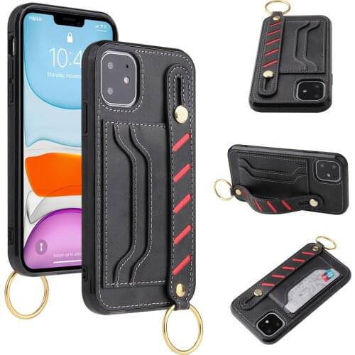 Phone Case for iPhone 12 11 Pro Max SE 2020 Mini XR XS 6 7 8 Plus PU Leather Back Cover with Stand Card Holder Wristband Coque