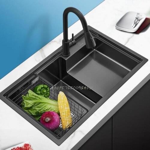 Black Nano Kitchen 304 Stainless Steel Ladder Trough Manual Sink Sink High And Low Trough Net Celebrity Large Single Trough