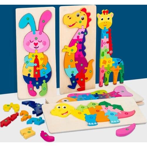 Wooden Dinosaur 3D Puzzle Montessori Animals Giraffe Fish Number Jigsaw Children Funny Educational Toys