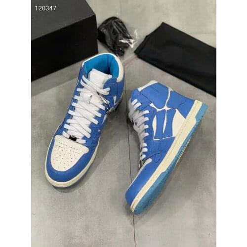 Mens Shoes Skeleton Bone High-top Sneakers Blue White Genuine Leather Skeleton Bone Trainers