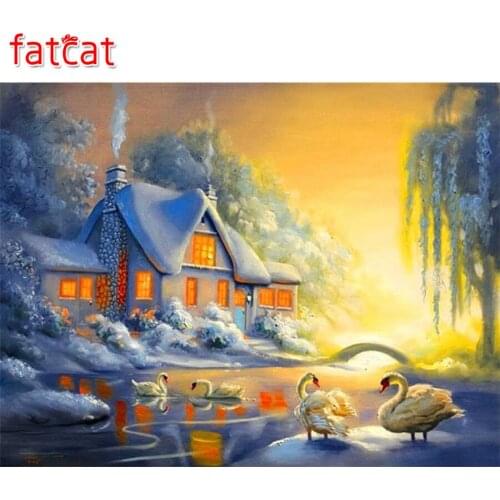 FATCAT 5D Square round Rhinestone Mosaic Diamond Embroidery winter landscape DIY Diamond Paintings Snow swan lake Crafts AE327