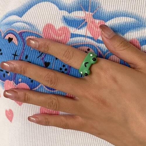 HZ 2021 INS Lovely Colourful Frog Chick Cherry Pattern Geometric Round Fruit Animal Resin Rings for Women Girls Daily Jewelry