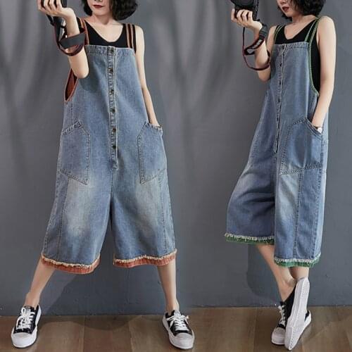 2021 New Fashion Calf-Length Wide Leg Denim Overalls Womens Rompers Spring Summer Loose Pocket Bleached Jeans Jumpsuit Casual