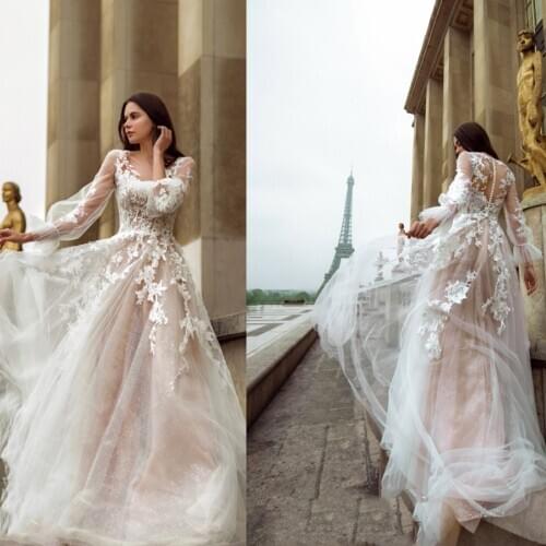 2020 New Spring Tulle Long Sleeve Wedding Dresses A-Line Lace Appliques Bridal Gowns O-Neck Button Back vestido de noiva