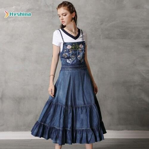 Summer New Suspender Denim Skirt Retro Embroidery Dress