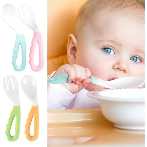 2Pcs Baby Pacifier Feeding Spoon Solid Supplies Curved Spoon Fork Children Tableware Baby Training Dishes Flatware Feeder