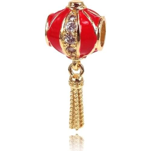 Fashion Pure Gold Color Festive Red Lanterns Enamel Tassel Charm Beads Fit Original Band Pandora Bracelet DIY Jewelry Gift 1Pcs