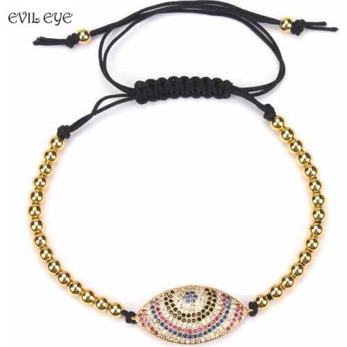 Fashion Micro Pave Cubic Zircon Evil Eye Men Bracelet Adjustable Braided Rope Copper Bead Bracelets for Women Jewelry