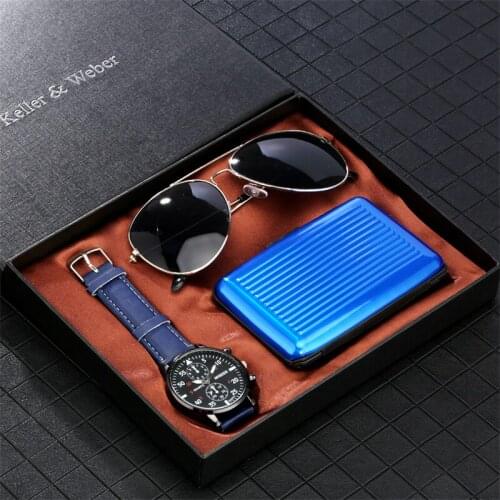 Mens New Fashion Luminous Pointers Quartz Watches Cool Sunglasses Portable Credit Card Case Men Gift Set with Box for Boyfriend