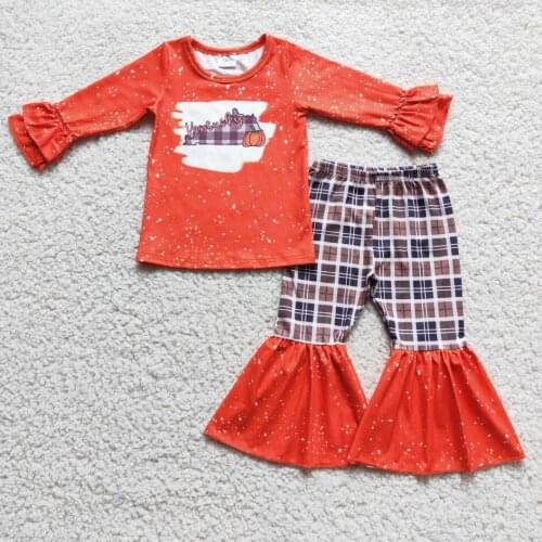2021 Autumn Fashion Infant Little Girl Pumpkin Long Sleeve Shirt Plaid Bell Bottom Baby Wholesale Kids Boutique Clothing Sets